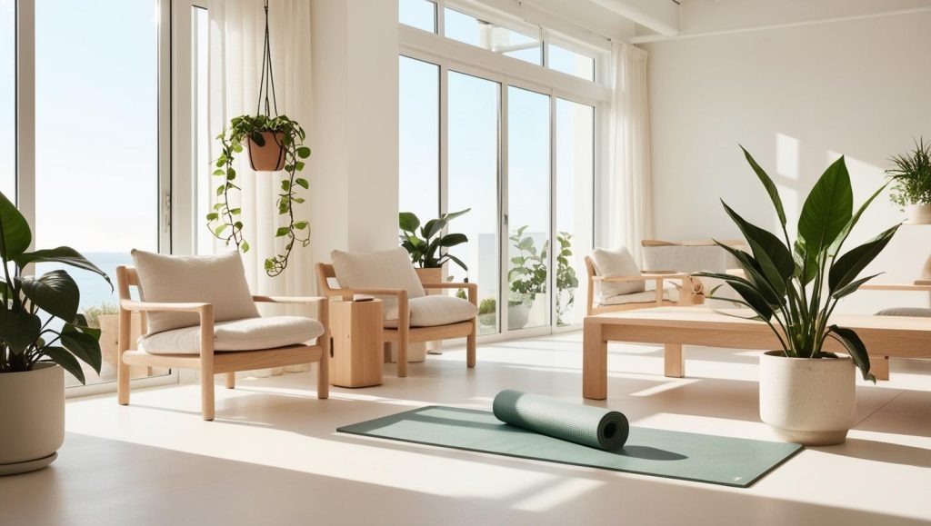 una imagen luminosa y armónica de un espacio interior moderno, minimalista y saludable.