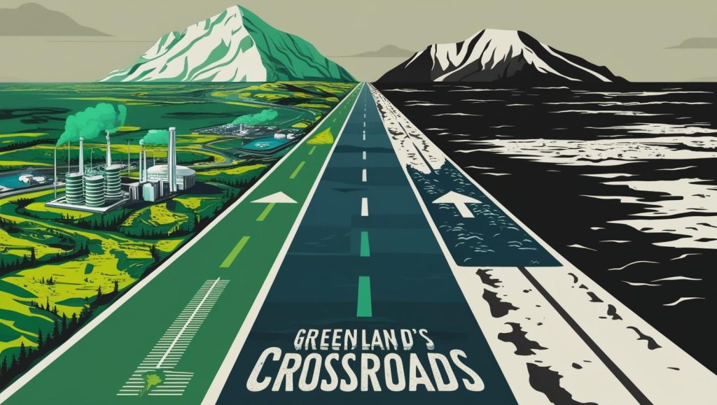 Digital illustration of Greenland split into two halves: one side with colorful Inuit villages, wind turbines and green hills; the other side with black industrial mining complex, smokestacks and concrete roads. Artistic contrast between clean energy and heavy industry. Bright colors on the left, grayscale on the right. Caption space optional, editorial quality.