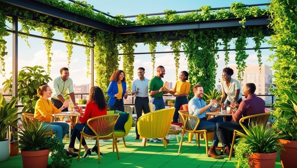 Equipo diverso de profesionales reunidos en una terraza de oficina sostenible, colaborando y compartiendo ideas en un entorno verde que promueve la sostenibilidad humana y el bienestar laboral.